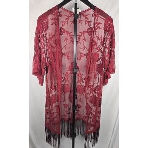 Sheer Burgundy Lace Fringe Duster Kimono Sz S/M Bohemian Boho Festival Cover Up